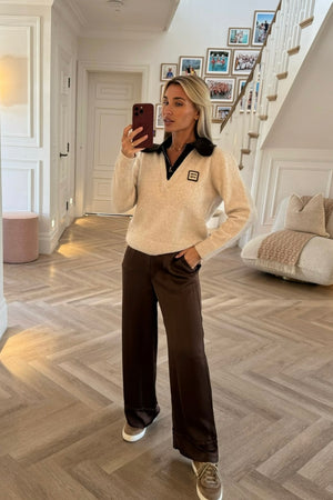 SOFT KNIT BEIGE AND BROWN HALF ZIP LOVE JUMPER