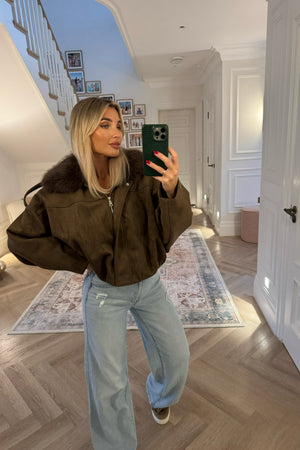 BROWN SUEDE FAUX FUR JACKET