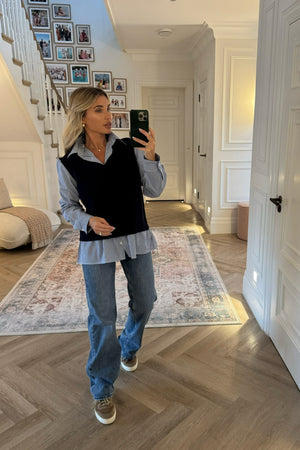 NAVY BLUE STRIPE SHIRT WITH ATTACHED TANK