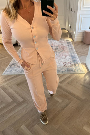 PINK SOFT RIBBED V NECK TROUSER CO-ORD