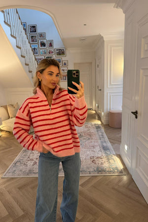 RED AND PINK CANDY STRIPE ZIP JUMPER