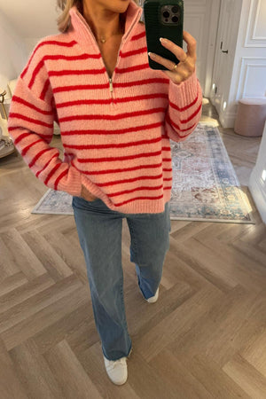 RED AND PINK CANDY STRIPE ZIP JUMPER