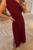 BURGANDY ONE SHOULDER PLEATED SPLIT DRESS