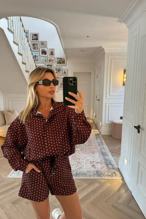 BROWN AND WHITE POLKA DOT SHORTS AND JACKET