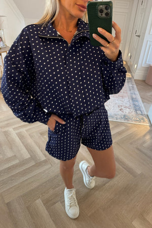 BLUE AND WHITE POLKA DOT SHORTS AND JACKET