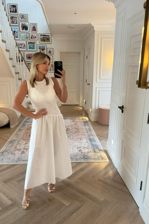 WHITE SHIRRING TOP DRESS