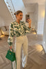 GREEN AND WHITE ROUND NECK SHIRT WITH CROCHET DETAIL