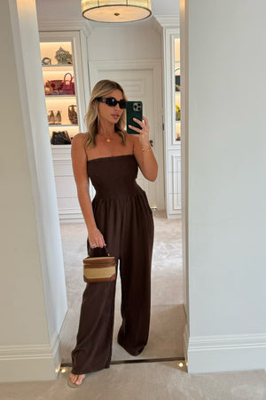 BROWN SHIRRING TOP CHEESECLOTH JUMPSUIT
