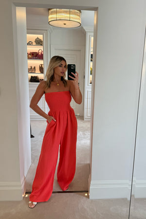 CORAL SHIRRING TOP CHEESECLOTH JUMPSUIT