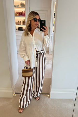 BROWN AND WHITE STRIPE CHEESECLOTH TROUSERS