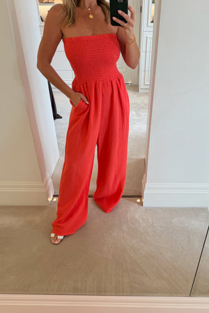 CORAL SHIRRING TOP CHEESECLOTH JUMPSUIT