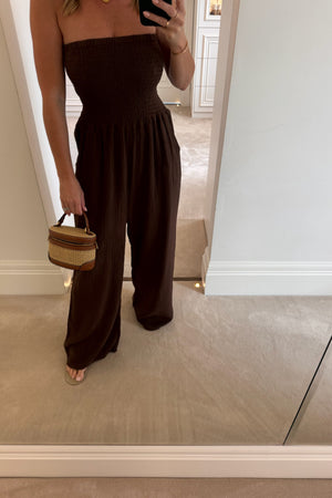 BROWN SHIRRING TOP CHEESECLOTH JUMPSUIT