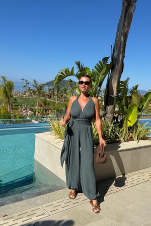 DARK GREEN BACKLESS JUMPSUIT