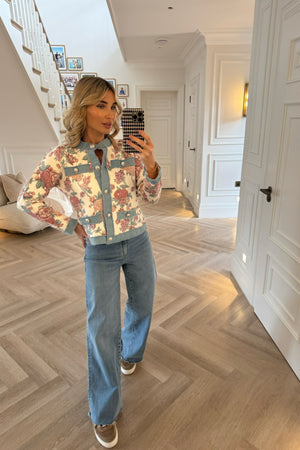 FLORAL KNITTED JACKET WITH DENIM DETAIL