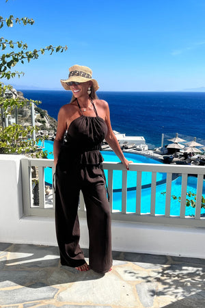 CHOCOLATE BROWN CHEESE CLOTH HALTERNECK CO-ORD