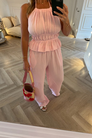 SOFT PINK CHEESE CLOTH HALTERNECK CO-ORD