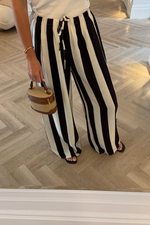 BROWN AND WHITE STRIPE WIDE LEG TROUSERS