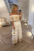 WHITE AND BEIGE COTTON OFF THE SHOULDER DRESS