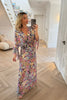 BLUE PINK AND YELLOW WITH FINE METALIC DETAIL MAXI DRESS