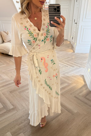 PREMIUM CREAM EMBROIDERED WRAP DRESS