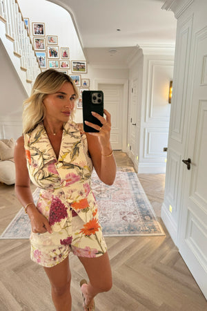 CREAM FLORAL DENIM SHORTS AND WAISTCOAT CO-ORD