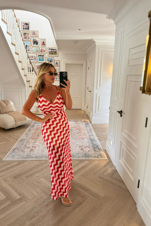 RED AND WHITE ZIG ZAG DRESS