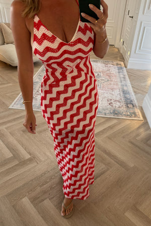 RED AND WHITE ZIG ZAG DRESS