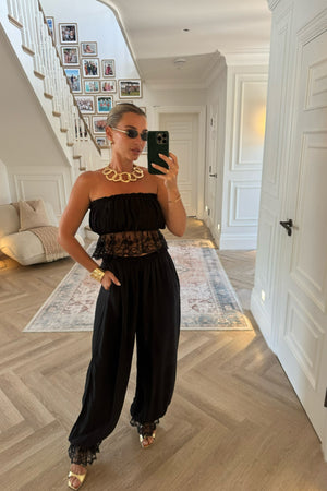 BLACK LACE TRIM TROUSER CO-ORD
