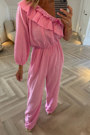 PINK ONE SHOULDER CHEESECLOTH JUMPSUIT