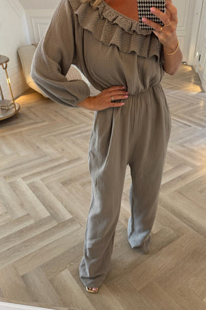 TAUPE ONE SHOULDER CHEESECLOTH JUMPSUIT