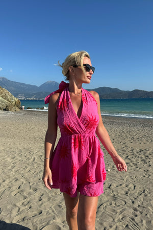 PINK SUN PRINT CHEESECLOTH HALTERNECK PLAYSUIT
