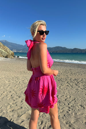 PINK SUN PRINT CHEESECLOTH HALTERNECK PLAYSUIT