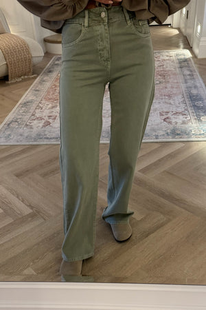 SAGE GREEN WIDE LEG STRETCH DENIM JEANS