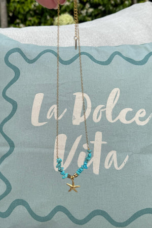 GOLD CHAIN NECKLACE WITH BLUE STONES AND STARFISH CHARM
