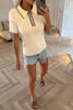 FINE RIBBED CREAM ZIP UP SHORT SLEEVE JUMPER