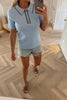 FINE RIBBED BLUE ZIP UP SHORT SLEEVE JUMPER