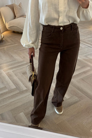BROWN STRETCH DENIM WIDE LEG JEANS