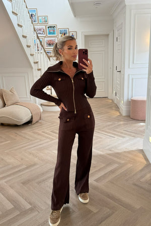 BROWN RIBBED KNIT TROUSER CO-ORD
