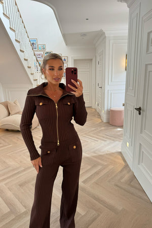 BROWN RIBBED KNIT TROUSER CO-ORD