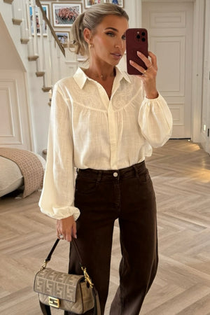 CREAM LINEN MIX SHIRT WITH EMBROIDERY DETAIL