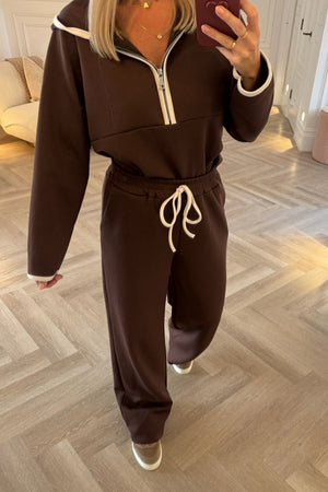 BROWN HOODED CONTRAST TRACKSUIT