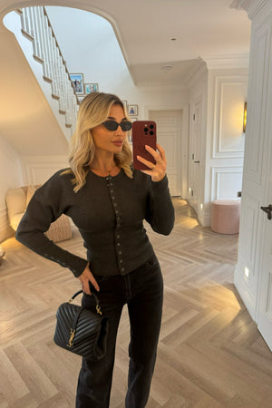 DARK GREY HOOP STUD DETAIL CARDIGAN