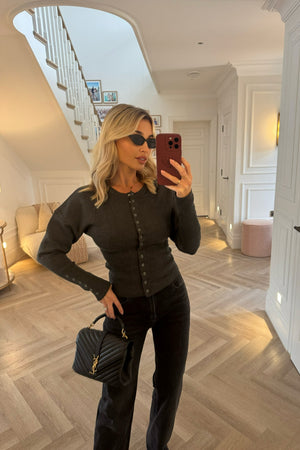 DARK GREY HOOP STUD DETAIL CARDIGAN