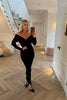 BLACK RIBBED KNITTED OFF THE SHOULDER DRESS