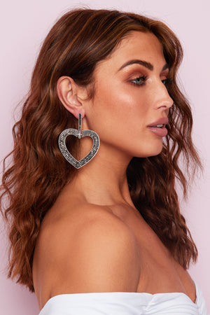 SILVER AND GUN METAL LARGE HEART  EARRINGS